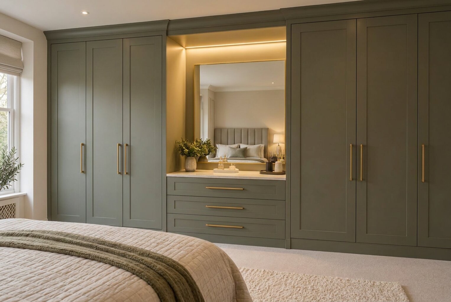 Fitted wardrobes with vanity station in Virginia Water GU25 – angled view with integrated dressing table and LED lighting